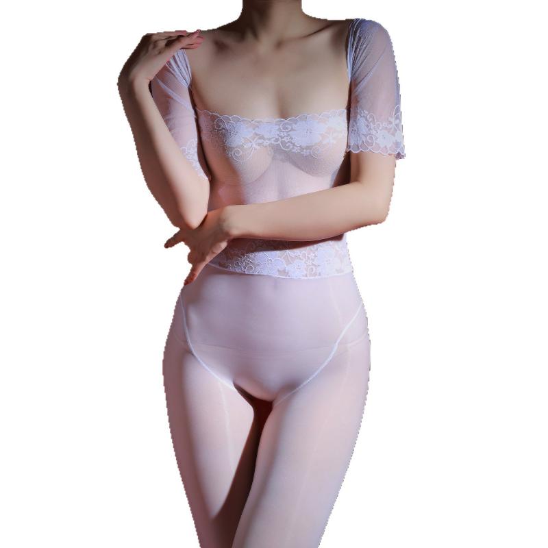Women Sexy Pantyhose Low Chest Lace Shoulder High Fork Seamless Oil Shiny Glossy Stockings Pantyhose Ultra-Thin Tights