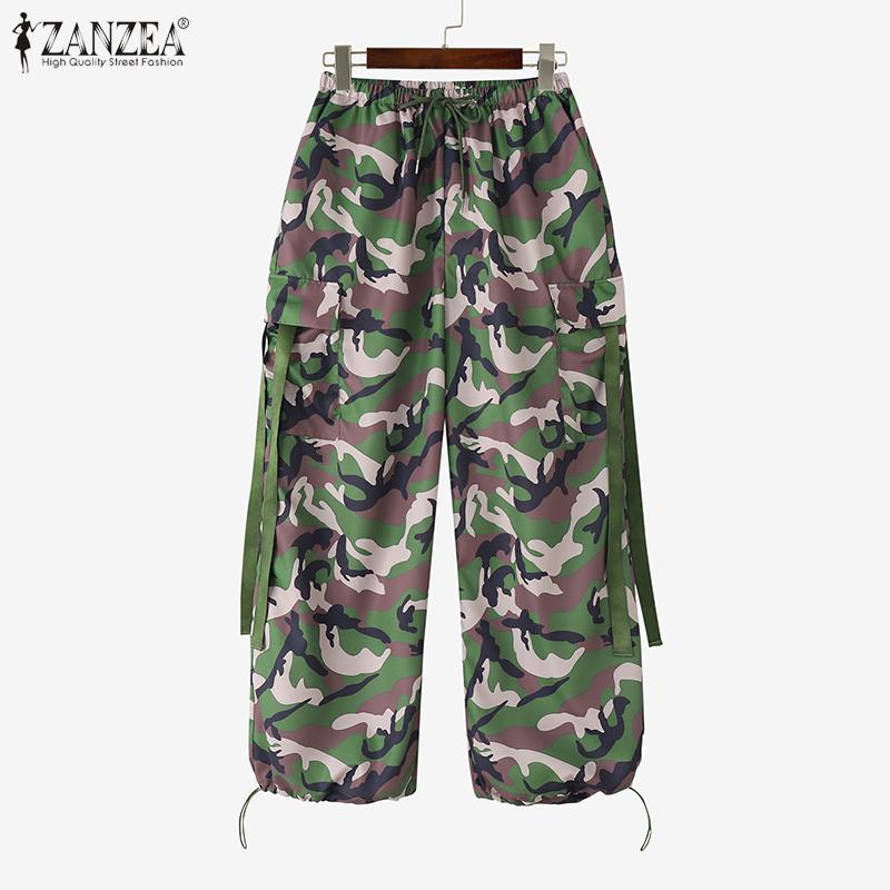 ZANZEA Women Casual Elastic Waist Loose Camouflage Print Cargo Pants