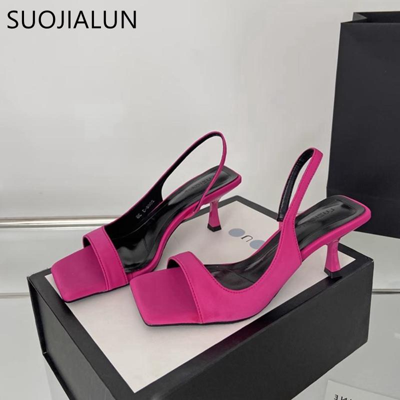 Fashion SUOJIALUN 2024 Summer New Brand Women Sandal Fashion Square Toe Shallow Ladies Elegant Slides Thin High Heel Outdoor Dress Pumps