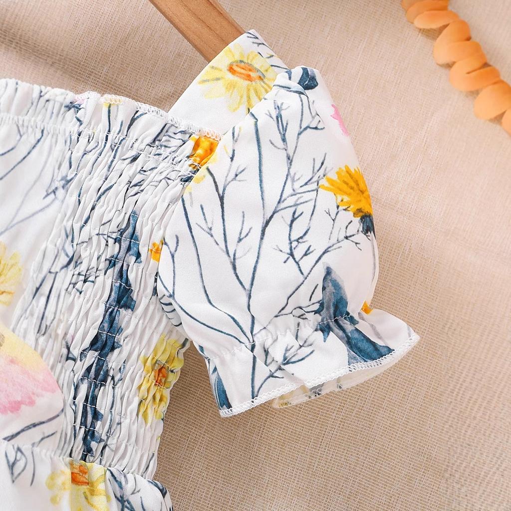 Dětské šaty s krátkým rukávem s květinovým vzorem Letní dívčí sladké princeznovské šaty