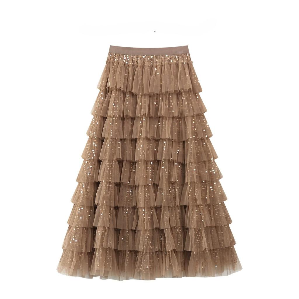 Qooth Sequin Tiered Cake Maxi Skirt for Women Fluffy Tulle Layered Full Flare Half Skirt with Sparkly Finish QT3003