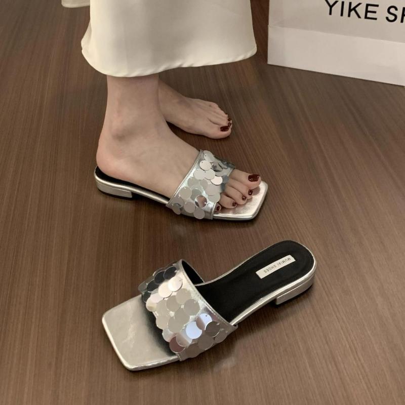 Fashion French Thick Soled Woman Shoes 2025 Summer New Square Toe Flat Shoes Fashion Versatile Women Slippers Simple Women's Sandals