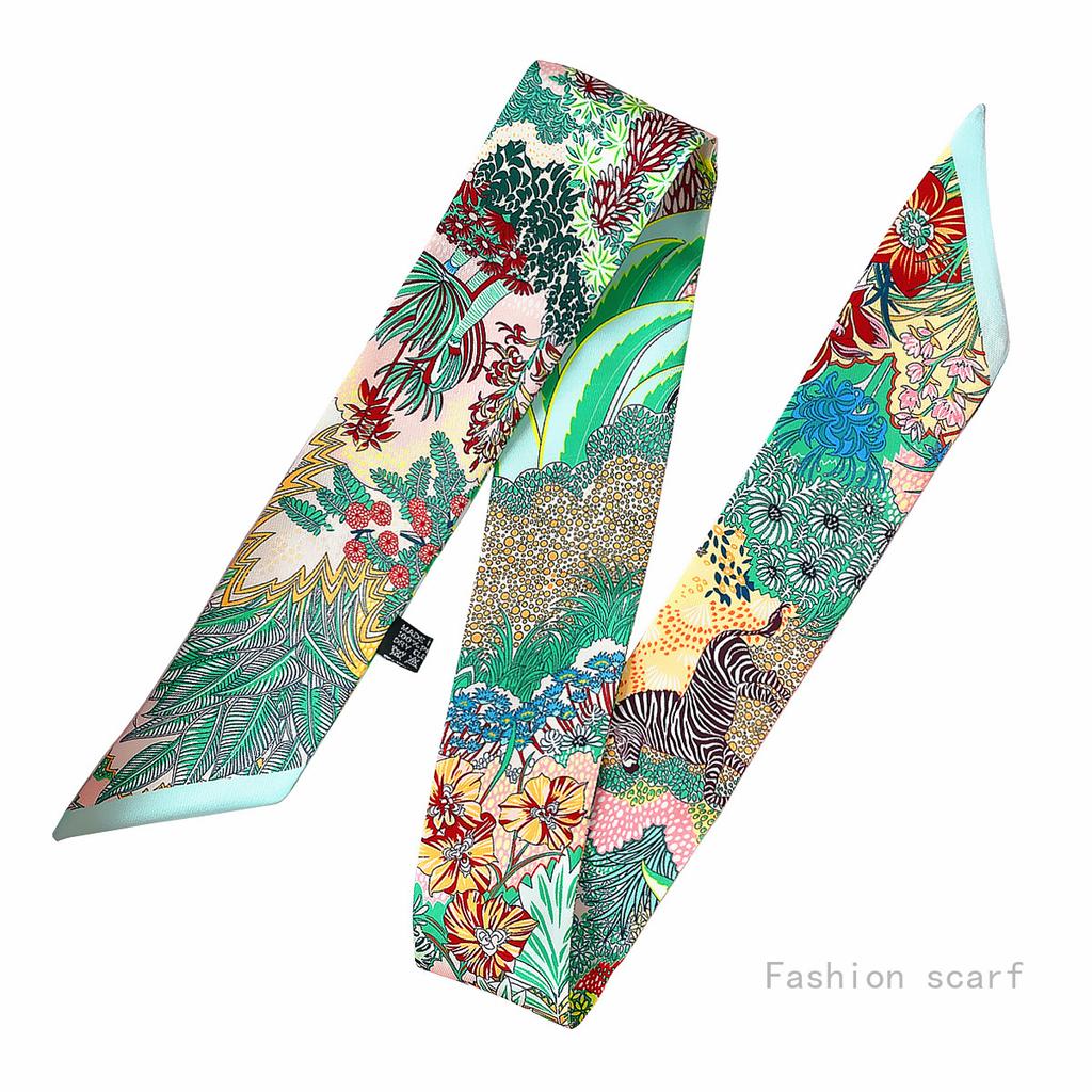 Korean Style Botanical Jungle Horse Print Twill Silk Scarf Women's Long Strip Ribbon Hair Band Neck Tie Accessories