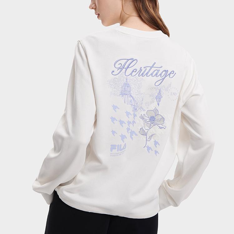 FILA Official Womens Pullover Sweatshirt 2023 Autumn Fashion Casual Simple Round Neck Knit Top Women tops White F11W338208FWT