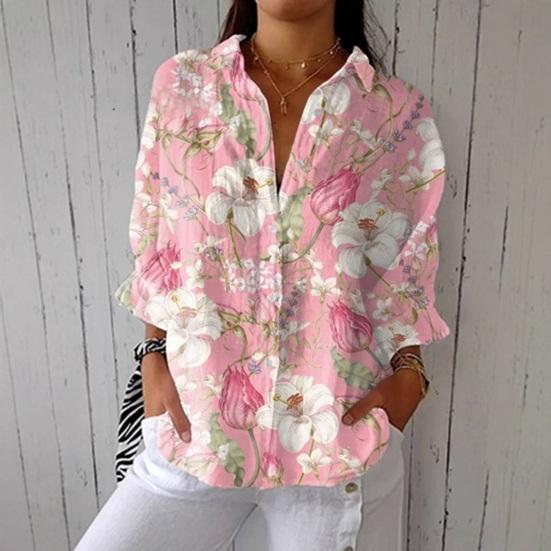 Women Shirt Lapel Long Sleeve Buttons Placket Shirt Tops Loose Fit Mid-length Summer Floral Shirt Lightweight Casual Tops