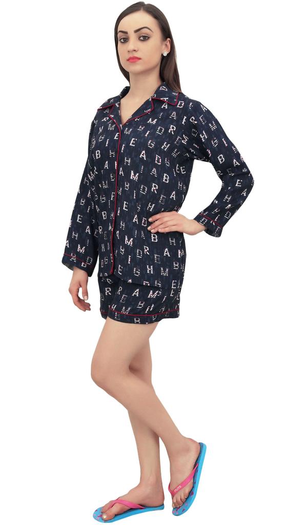 Bimba Women Button-Down Shirt With Elastic Waist Shorts 2 Pcs Night Wear Set -