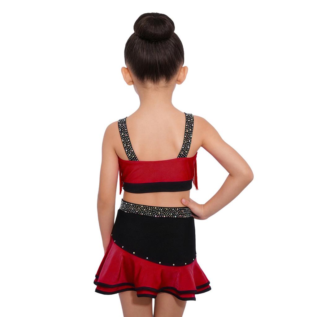 Kinder Mädchen Farbblock Latin Dance Crop Top Breite Schulterträger Quasten Strasssteine mit elastischem Bund Rock für Tango Rumba Gesellschaftstanz Performance
