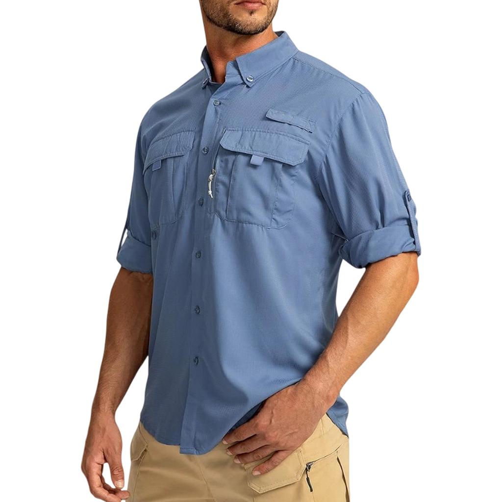 Men's Color Casual Loose Button-Down Collar Faux Pocket Long-Sleeved Shirt