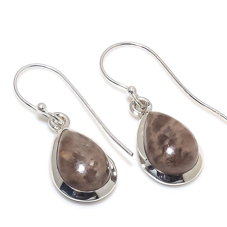 Natural Fossil Coral Gemstone 925 Solid Sterling Silver Gift Earring 1.25" Z6m09