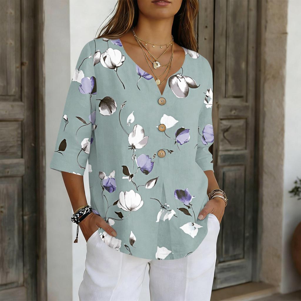 Damenhemden Elegante Freizeit-T-Shirts 3/4-Ärmel Tunika-Oberteile Basic-T-Shirts Pullover Arbeitsblusen