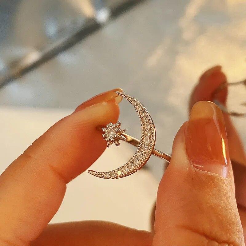 Mote Uregelmessig Moon Star Flower Diamond Parring for kvinner Sterling Sølv S925 Julegave Smykkeringer for kvinner