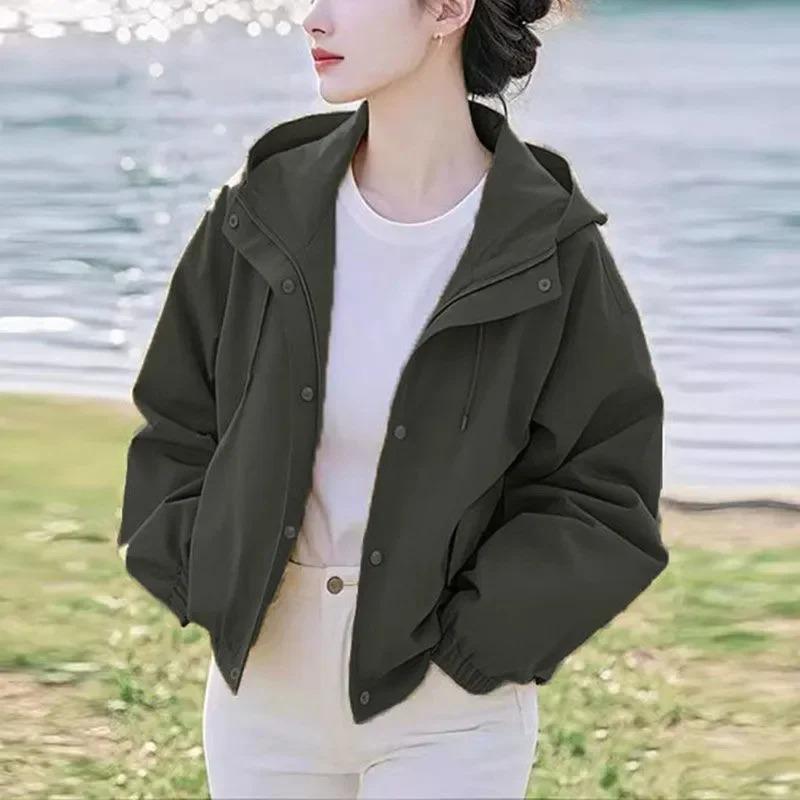 

Khaki Spring Autumn Item Beautiful Casual Niche Loose Yellow Hooded Short Jacket Women Outcoat Lining XS чорний