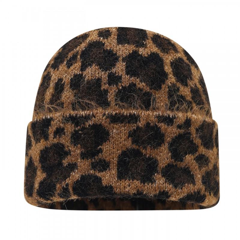 Womens Retro Leopard Print Knit Beanie Hat Warm Winter Outdoor Street Style Unisex Chunky Slouchy Cap