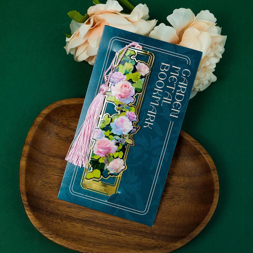 Elegant Floral Metal Bookmark with Tassel - Rose, Sunflower & Hydrangea Design