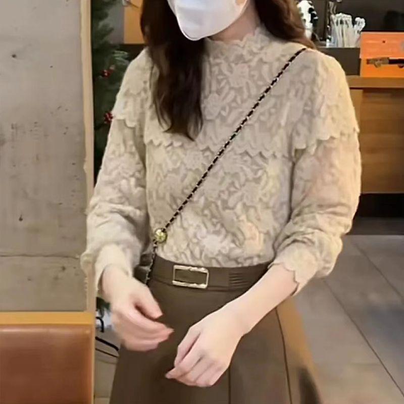 Velvet Brushed Lace Hollow-Out Slim Fit High Neck Top - Autumn/Winter 2025 Collection S 40/48kg