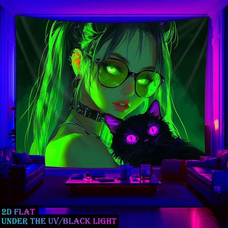 VIKAMA Japanese Dark Background Digital Printed Cat Pattern Gradient Color Tapestry Suitable For Wall And Bedroom Decoration