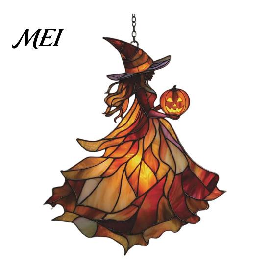 Handcrafted Witch Style Suncatcher Acrylic Suncatcher, Stained Glass Effect Window Car Hanging Ornament, Gothic Scary for Windows with Pumpkin Lantern