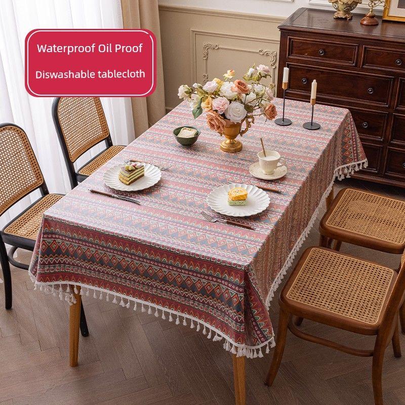 

Ethnic Style Waterproof Oil-Proof Fabric Cotton Linen Tablecloth Bohemia Style Dining Table Rectangular Disposable Tablecloth Red National Wind 90 * 90cm