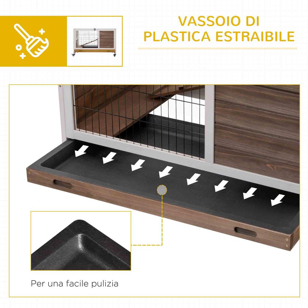 Conigliera in Legno con 4 Ruote, Casa per Conigli e Rampa, 90x53x59cm, Marrone