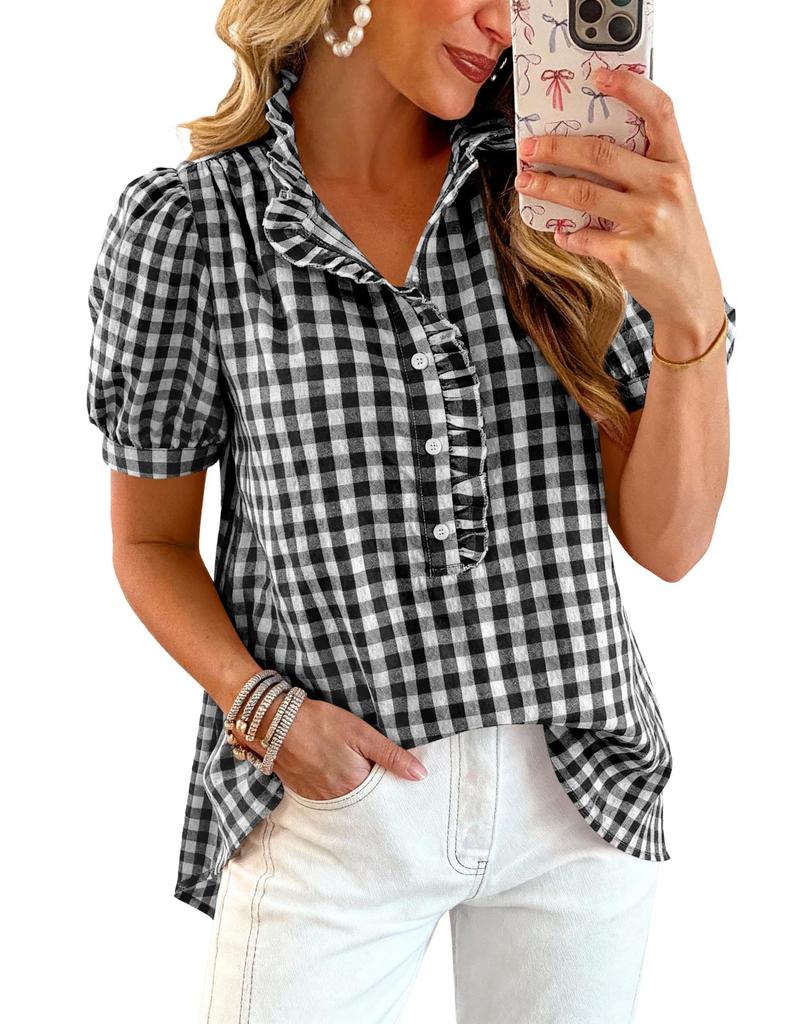 Women Plaid Print Blouse Ruffled Collar Short Sleeve Button Down Casual Shirt