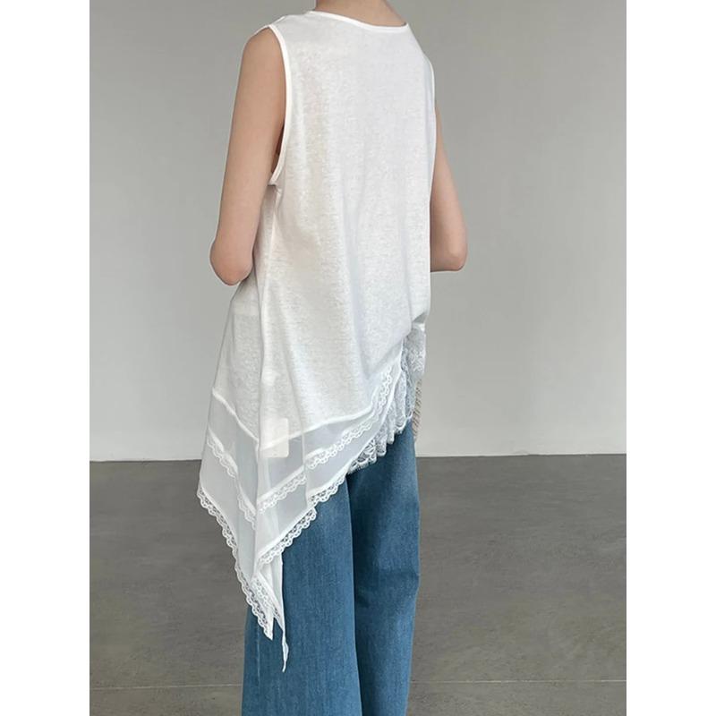 

Women White Irregular Lace Hem Thin Tank V Collar Sleeveless Personality Fashion Spring Summer S белый