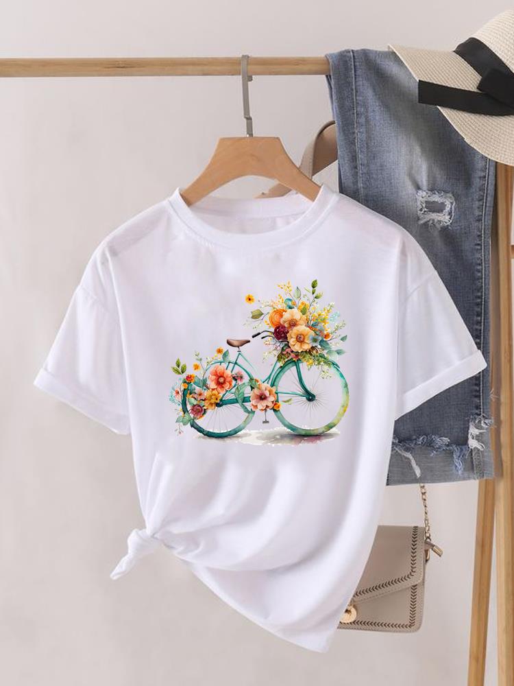 Kwiatek Słodki Trend lat 90. Uroczy Krótki Rękaw Nadruk Moda Graficzny T-shirt Kobiety Top Pani Damska Koszulka Tee Okrągły Dekolt Odzież Ubrania