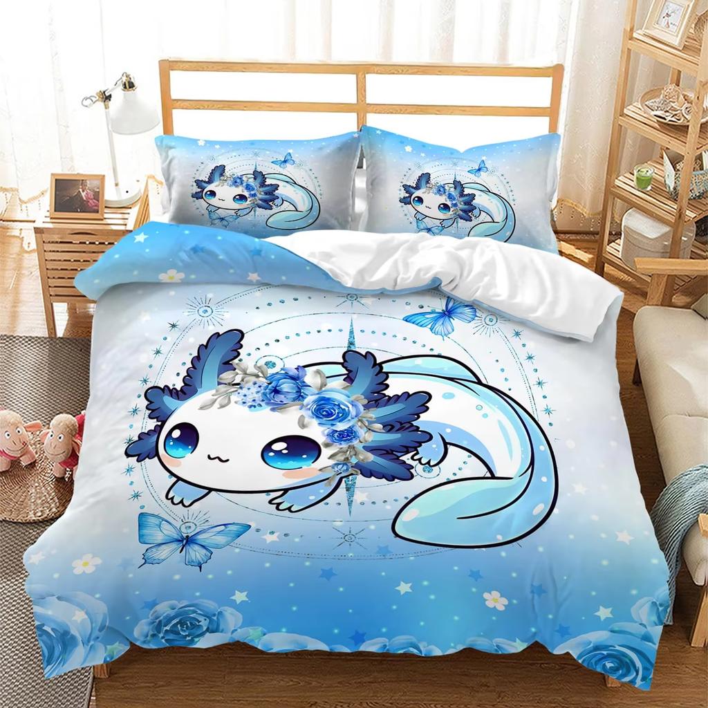 Karton Axolotl Weiches Bettbezug-Set Süßes Salamander-Bettwäsche-Set Kawaii Tierdecke Warme Deckenbezug für junge Jungen junge Mädchen Frauen Schlafzimmer Dekor