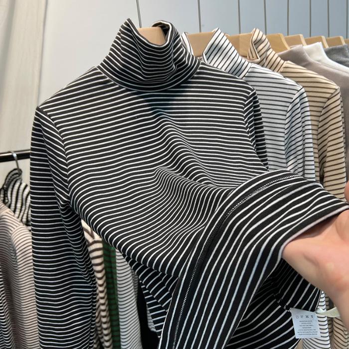 Double-Sided Velvet Striped Base Layer, Half-High Collar, Slim Korean Style Long-Sleeve Top for Women.