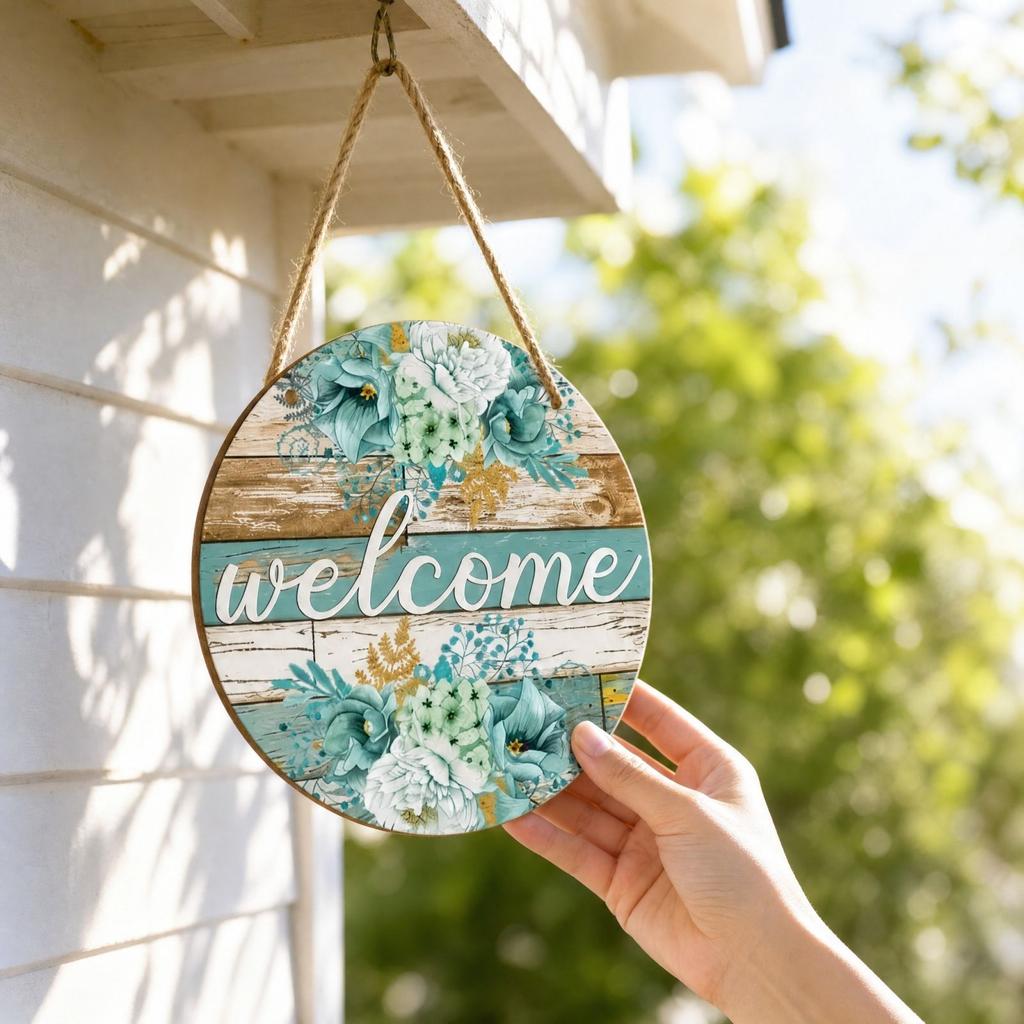 Spring and Summer Floral Wooden Welcome Sign, Single-Sided Printed Hanging Door Sign for Front Door and Home Decor