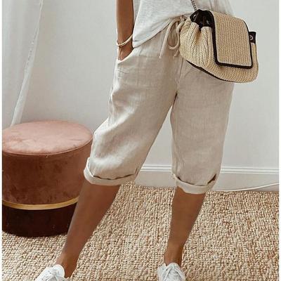 Dameshorts Vintage stil knelange bukser med lommer for kvinner pustende elastiske midjebukser Ensfargede fem bukser