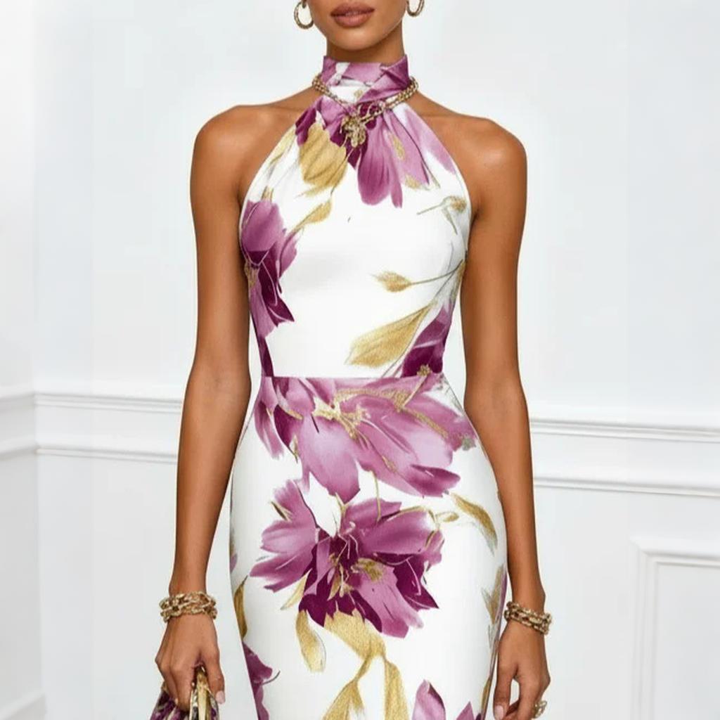 Women's Halter Neck Bodycon Dress Floral Print Sleeveless Slim Fit Midi Dress Elegant Design for Casual and Formal Wear