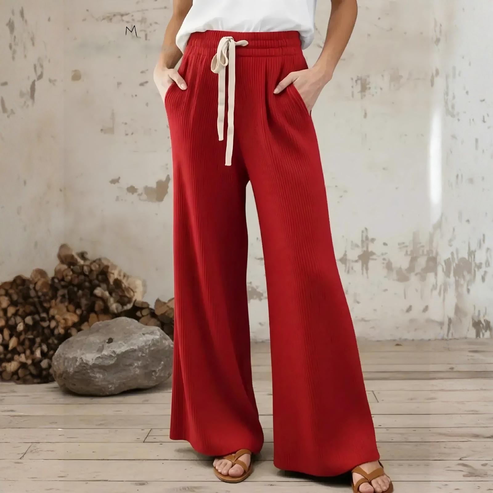 

Women s Color Casual Wide-leg Trousers With Drawstring Waist XXL красный