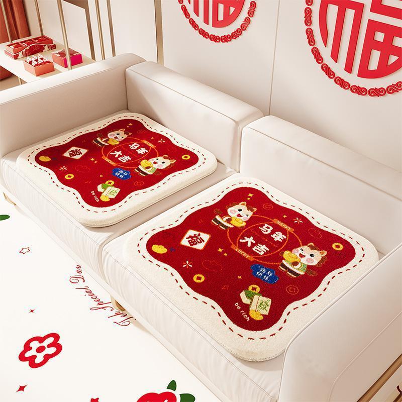 Red Festive Faux Cashmere Cushion - New Year Horse Design for Sofa, Office, Student Chairs, and Household Use