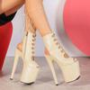 Stivali da Ballo con Tacchi Super Alti da 20 cm per Donna Beige Allacciati Punta Aperta Piattaforma Scarpe da Festa
