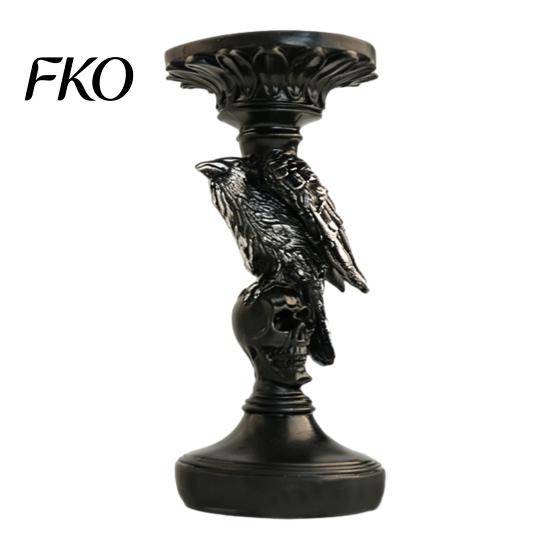 Gothic Candle Holder Halloween Candlestick Decoration, Raven Skull Holder, Three Dimensional Decor Spooky Taper Stand for Tabletop Home Matte Black