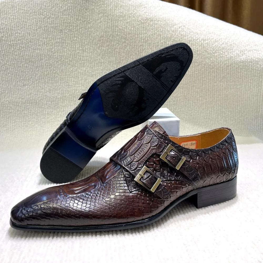 Fashion Men's Italian Genuine Leather Formal Oxford Shoes Python Crocodile Pattern Button Detailing for Office Party Wedding Footwear