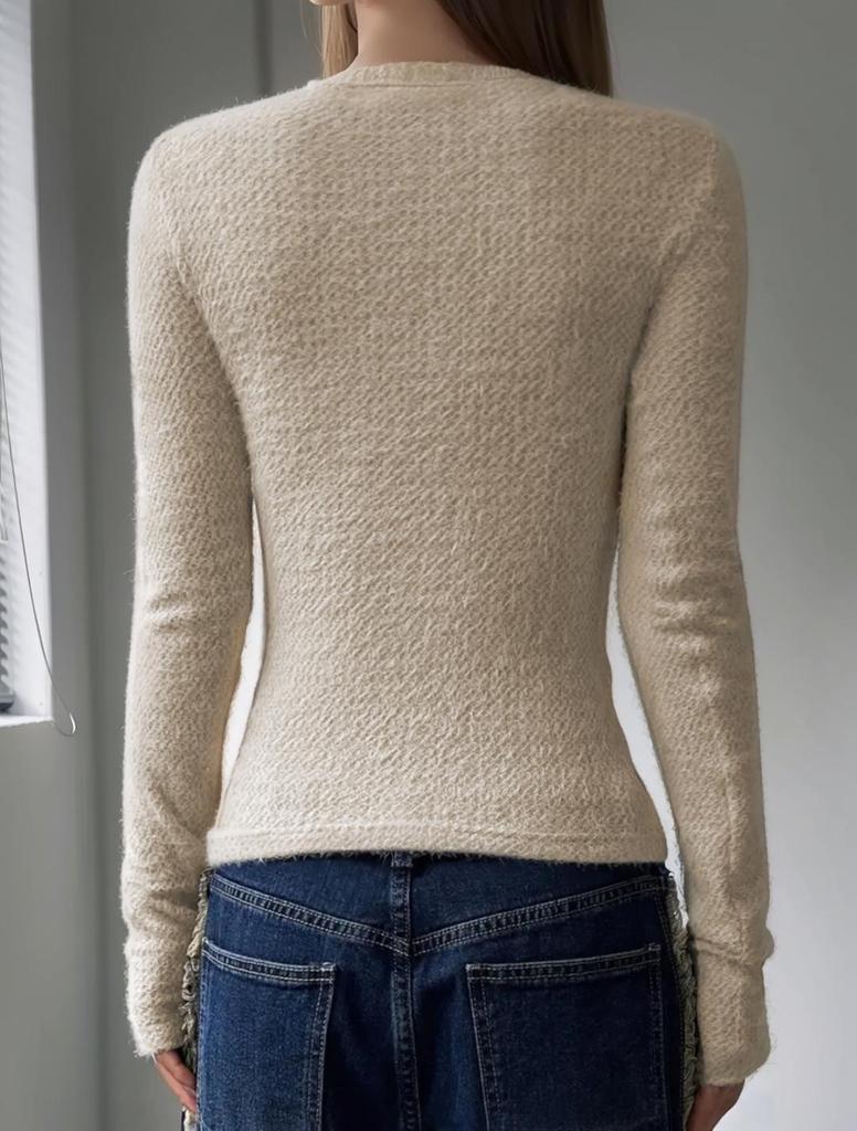 2024 Women's Autumn/Winter Solid Color Wool Blend Long-Sleeve Round Neck Top