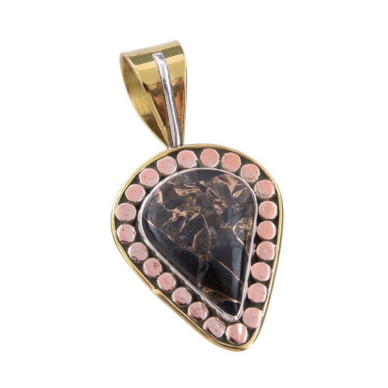 Natural Black Turquoise Gemstone 925 Sterling Silver Two Tone Pendant 1.50" U6b36