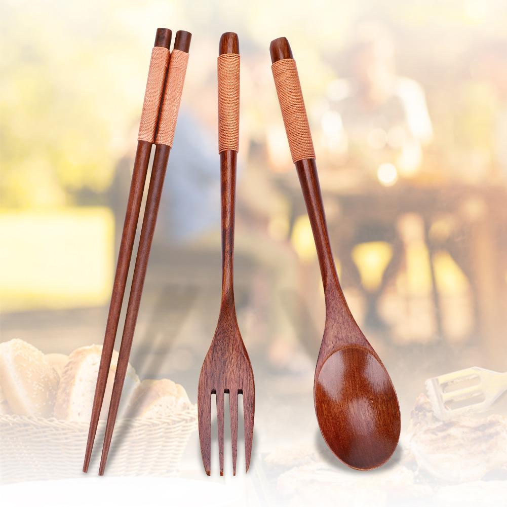 Wooden Chopsticks Spoon Fork Tableware Dinnerware 3pcs Set (with black thread)