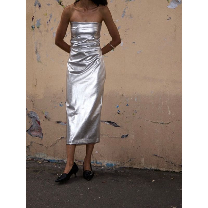 Foreign Trade Order Summer New Sexy Gyaru Tube Top Metal Sense Silver Pleat Senior Women Mid-Length Dress