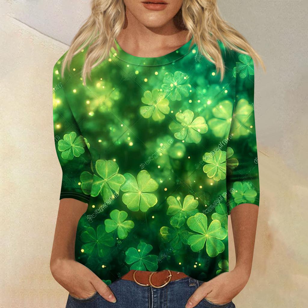 Damen Modisches Lässiges Dreiviertelarm Bedrucktes Rundhals-Top