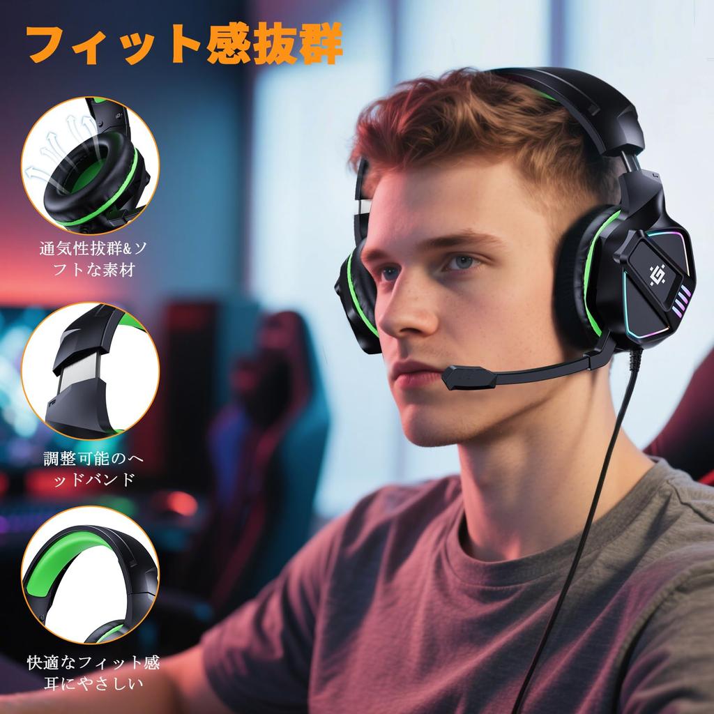 Wired Gaming Headset with High Sound Surround 40mm Lightweight RGB Compatible with Black and Green 3.5mm Jack, Noise-Canceling Microphone, Isolation,