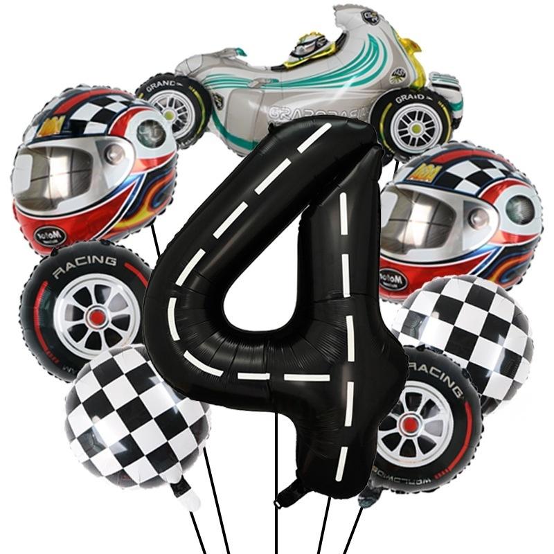 8 Pcs Race Car Theme Number Foil Balloon Set 40Inch Digit Motor Helmet Wheel Tire Racing Balloons Boy Birthday Decoration Baby S
