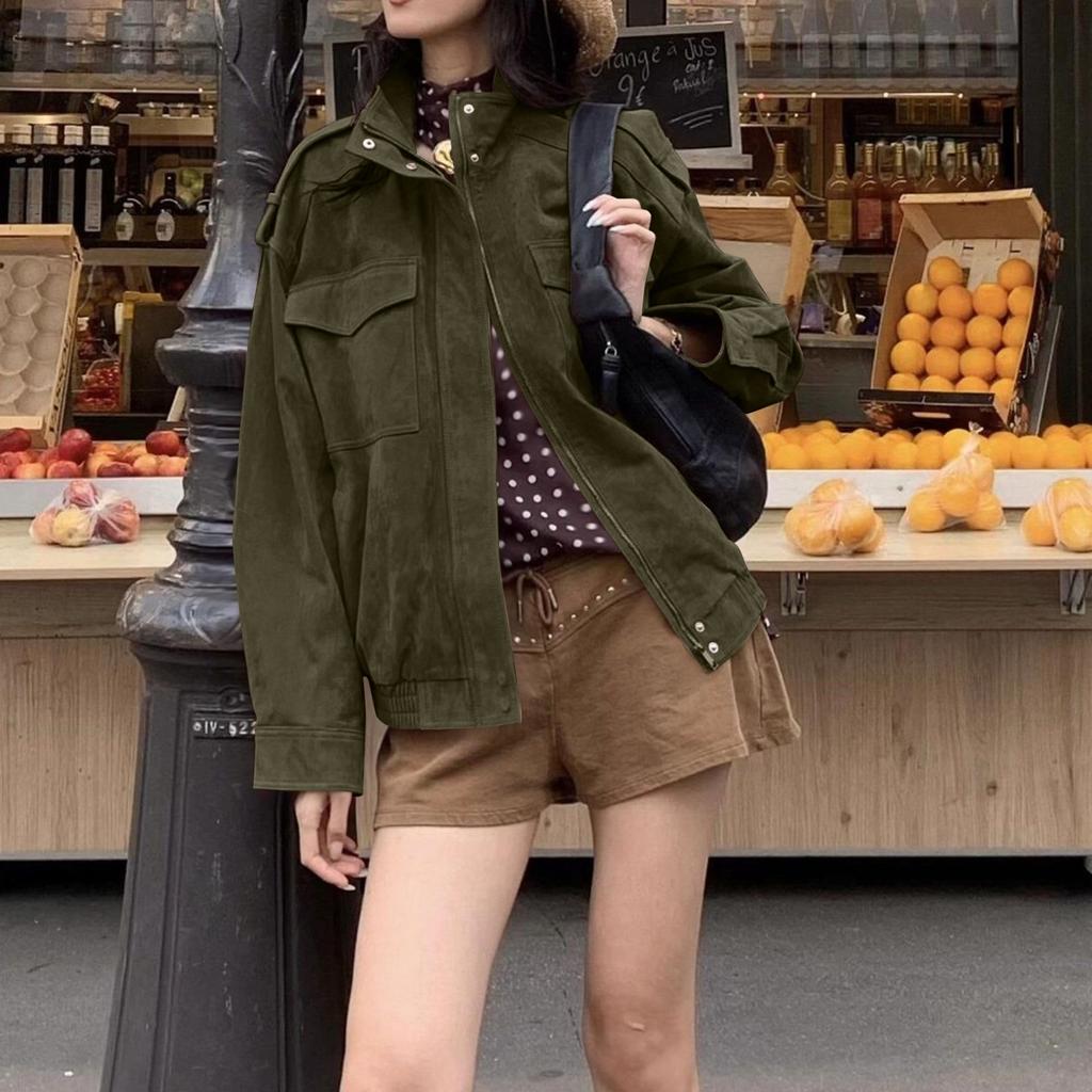 Women's Fashionable Long-sleeved Stand-up Collar Suede Pocket Fleece Texture Jacket