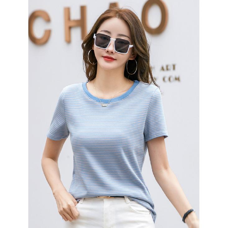 Women'S Striped T-Shirt Elegant Slim O-Neck Short Sleeve Cotton Top Loose Fit Office Casual Knitted Summer Women'S Tee Shirt