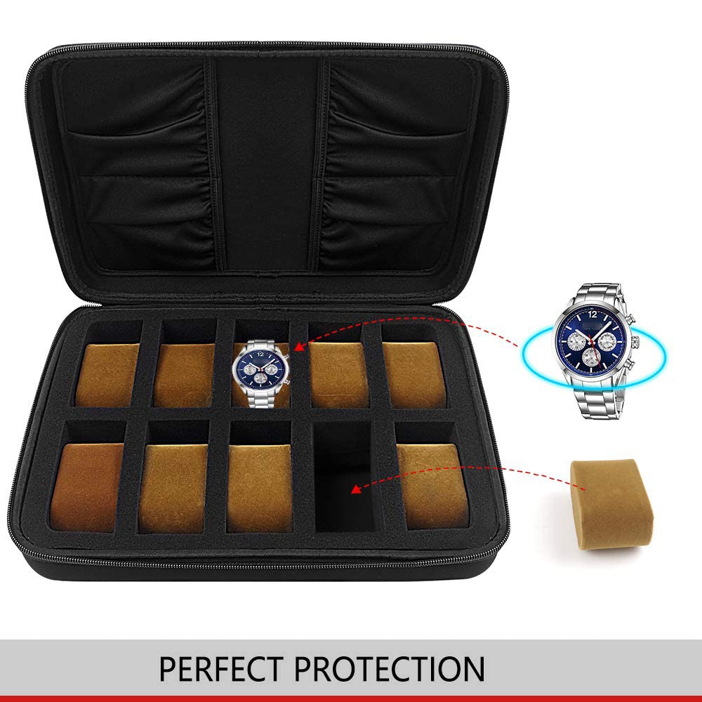 COMECASE 10-Slot Watch Box Organizer for Men, Display and Storage Case, Fits All Watches and Smartwatches Up To 42mm, with 4 Extra Pockets (Black)