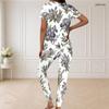 Women Plus Size V Neck Short Sleeve Rose Floral Print White Pajama Loungewear Set