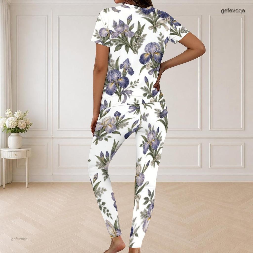 Women Plus Size V Neck Short Sleeve Rose Floral Print White Pajama Loungewear Set