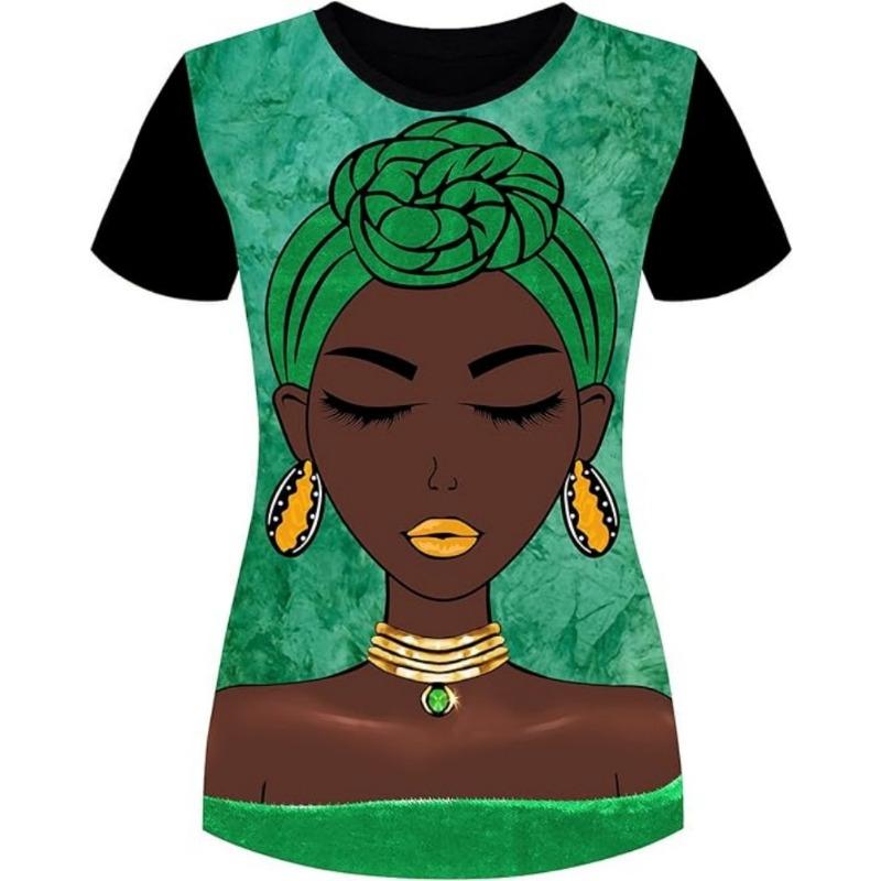 Black Pigment Girl Natural Hair Pattern T-shirt Women's T-shirt African Casual Short Sleeved Round Neck Top T-shirt