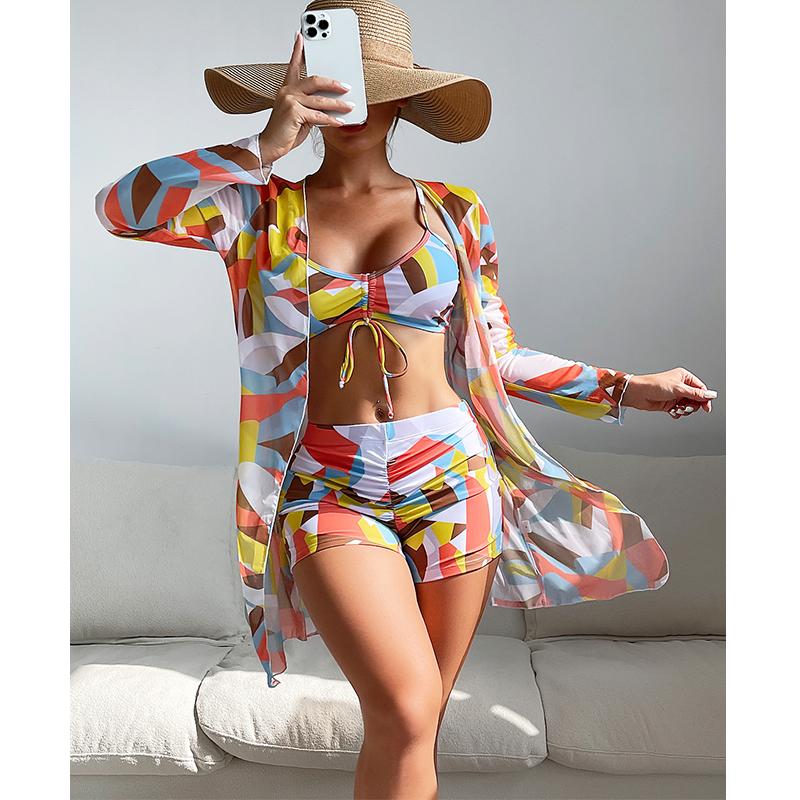 Women Swimsuit High Waist Bikini Set Three Pieces Women Sexy Long Sleeve Cover Up Swimsuit 2026 Beach Bathing Suits Swimwear